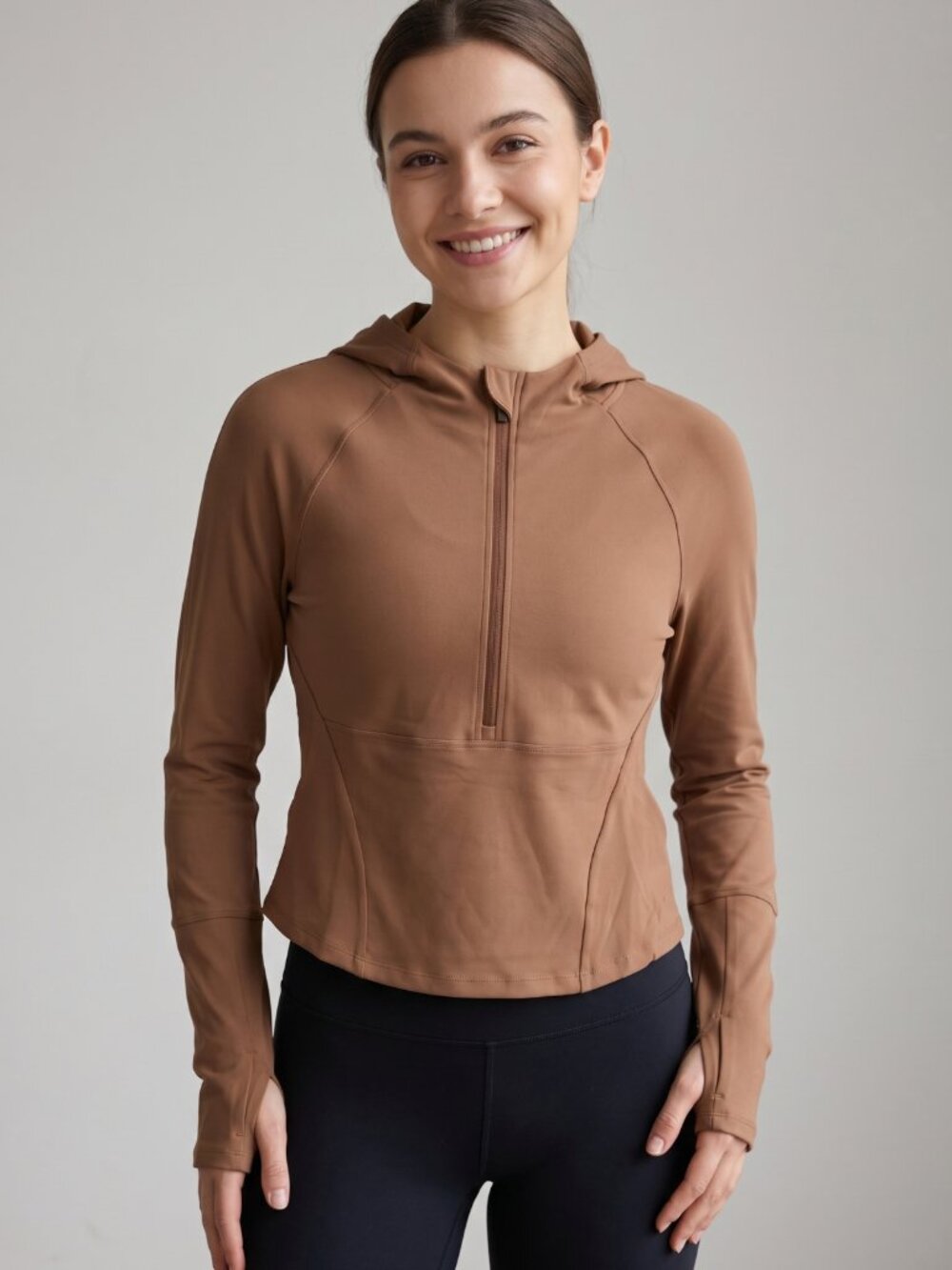 NWT G4Free Brown Half Zip Hooded Athletic Jacket with Thumb Holes Size Small
